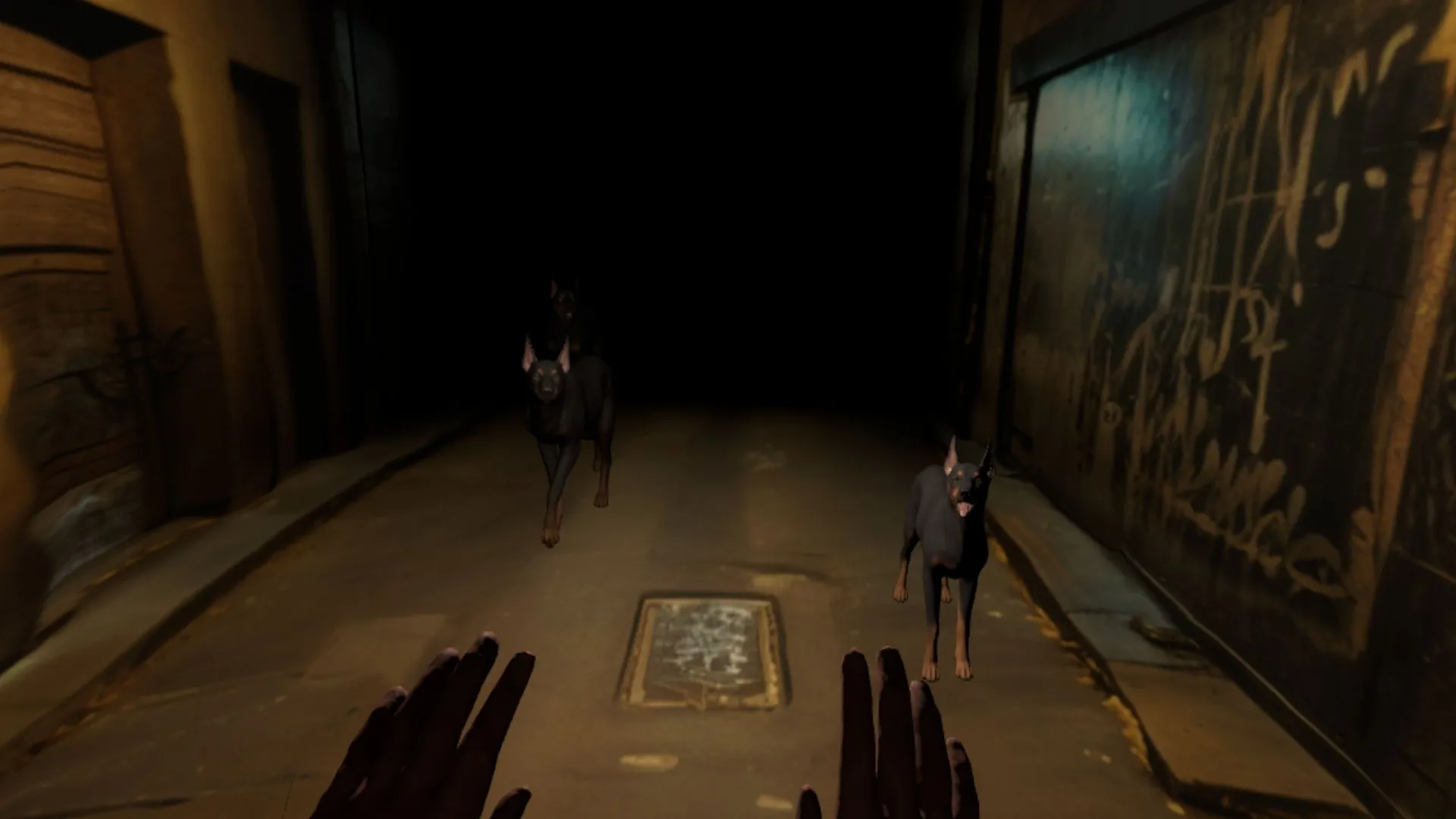 Drei Hunde in einer dunklen Gasse in Virtual Reality