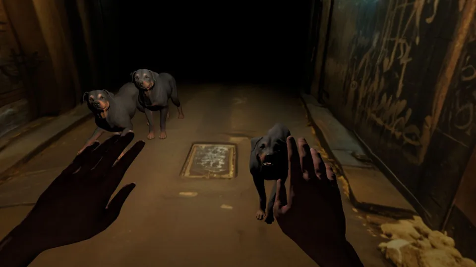 Bedrohliche Hunde in einer dunklen Gasse in Virtual Reality