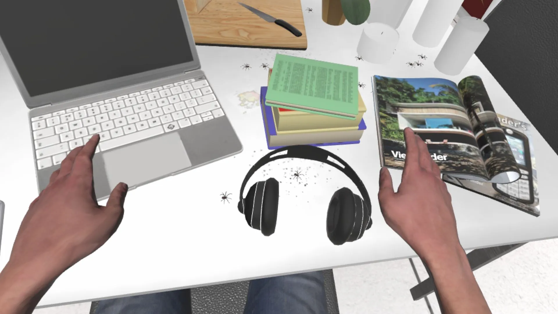 Mehrere Spinnen auf einer Arbeitsfläche in Virtual Reality