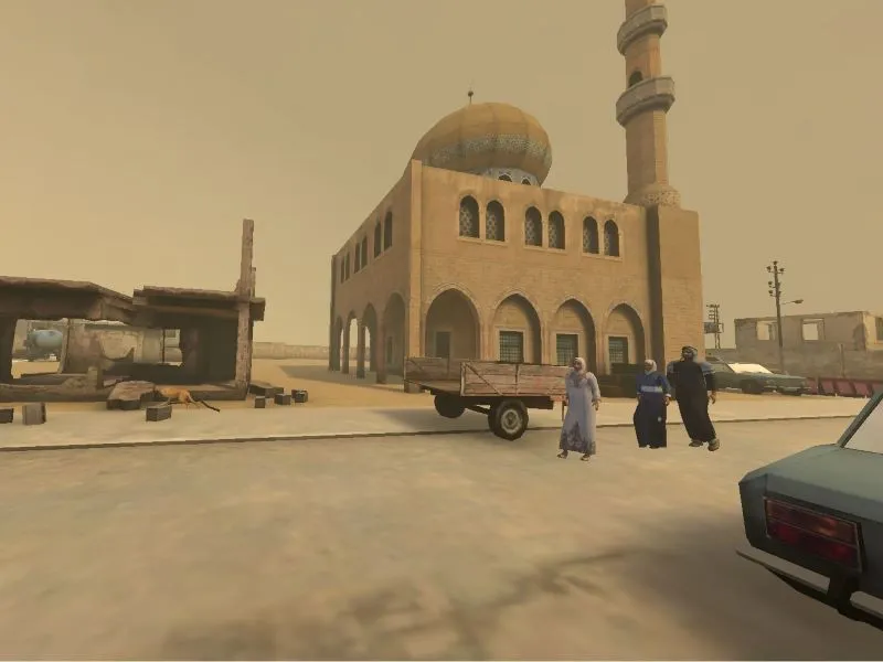 Escena urbana ante una mezquita en una simulación virtual