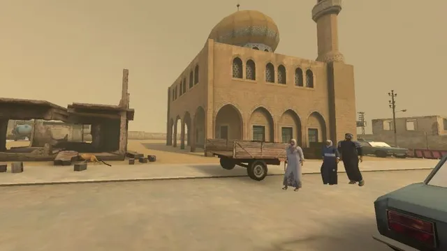 Stadtszene vor einer Moschee in einer virtuellen Simulation