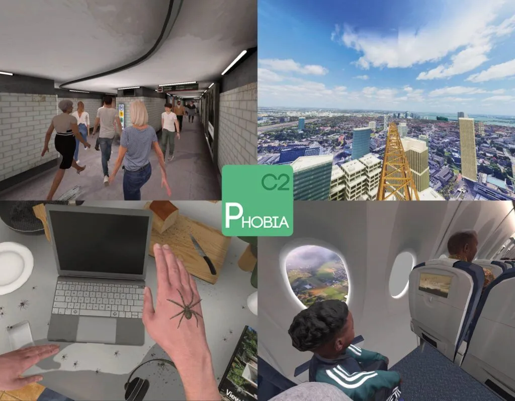Montage of C2Phobia virtual reality therapy scenes