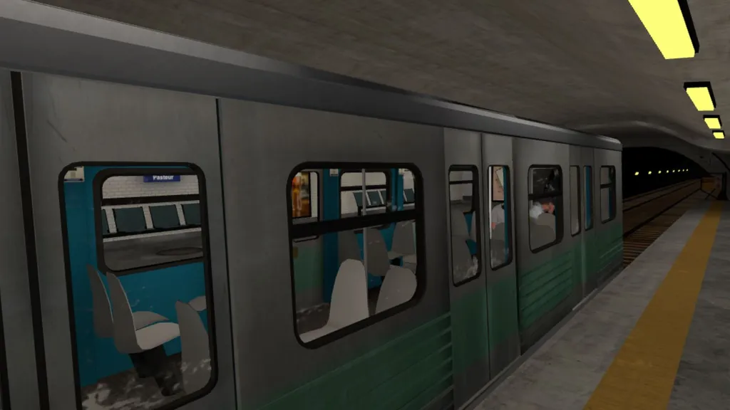 Tren de metro vacío en un andén de una simulación virtual