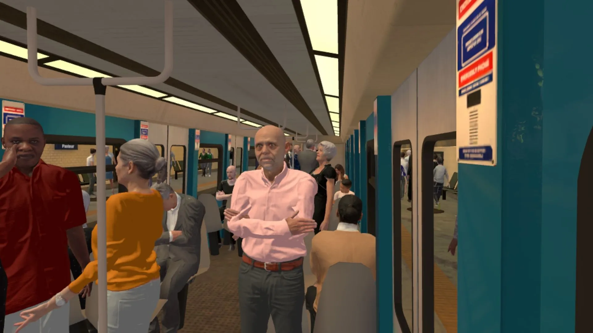 Pasajeros en un andén de metro de una simulación virtual