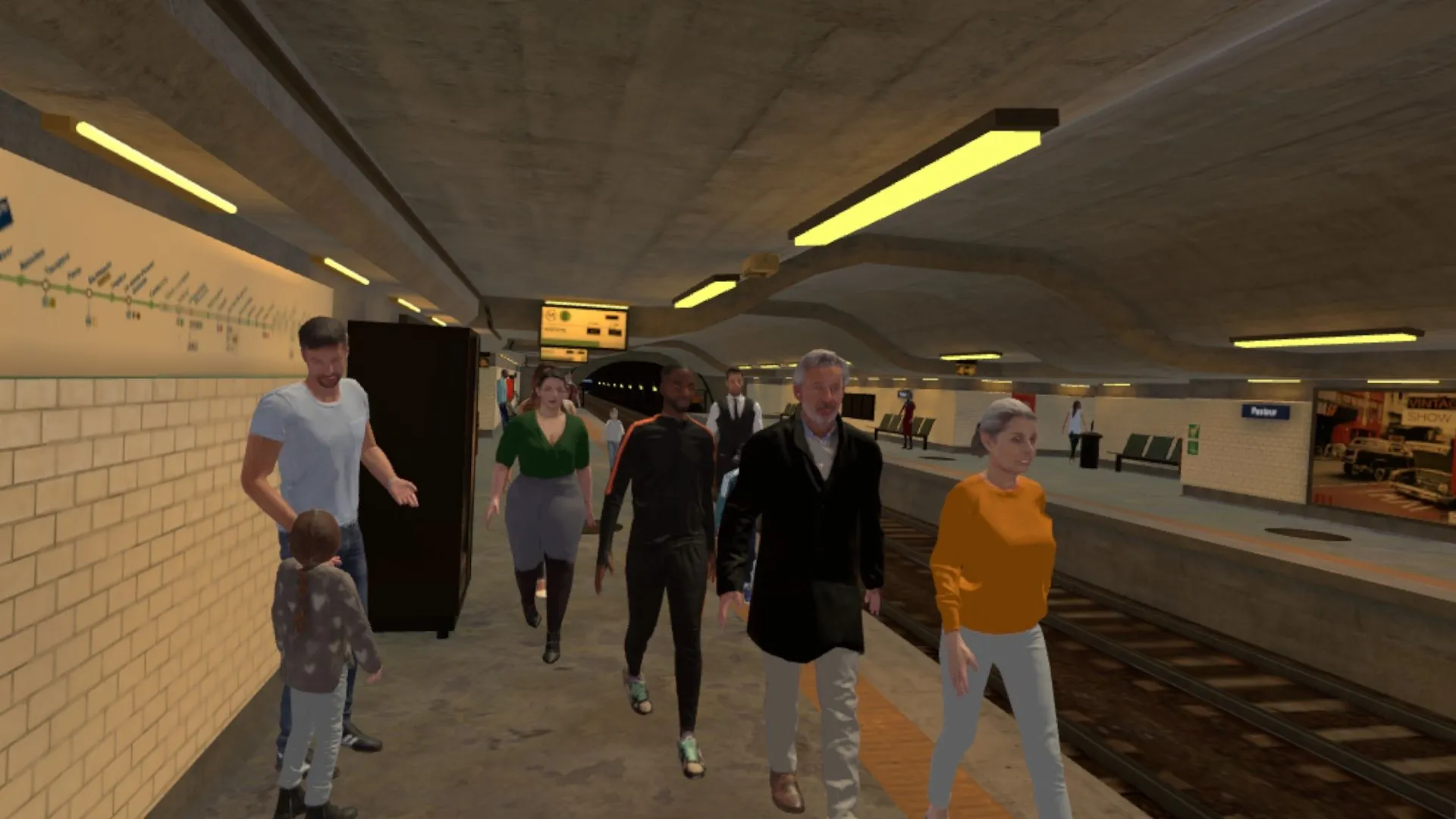 Voyageurs nombreux sur un quai de métro en réalité virtuelle