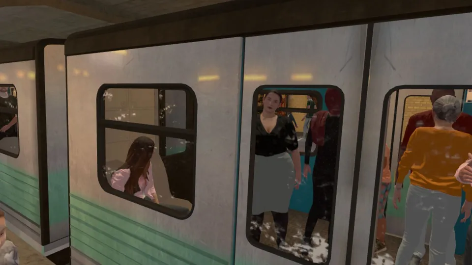 Voyageurs nombreux sur un quai de métro en réalité virtuelle