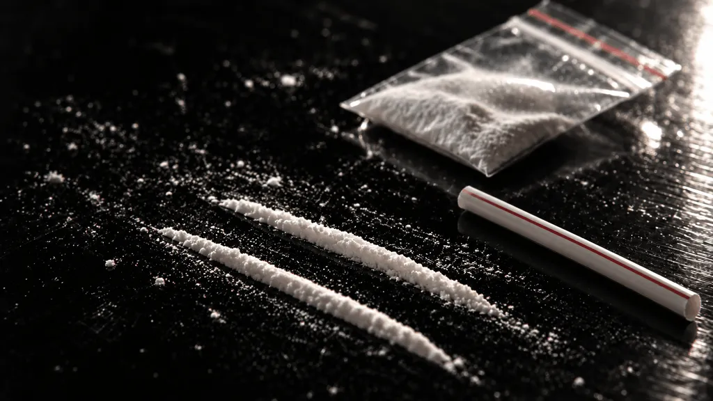 Two lines of cocaine, a bag of white powder and a straw on a black table