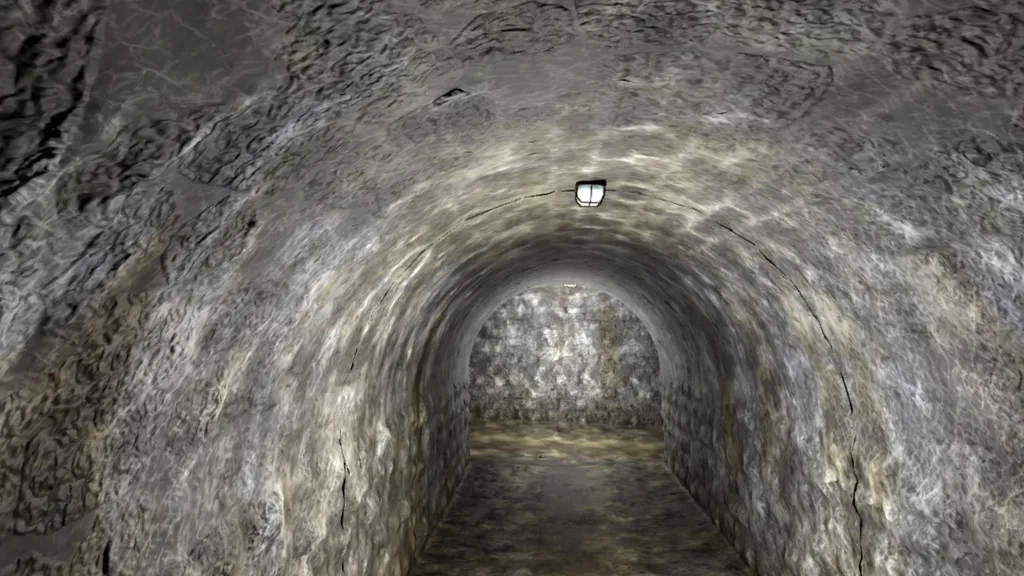 Túnel subterráneo oscuro y estrecho