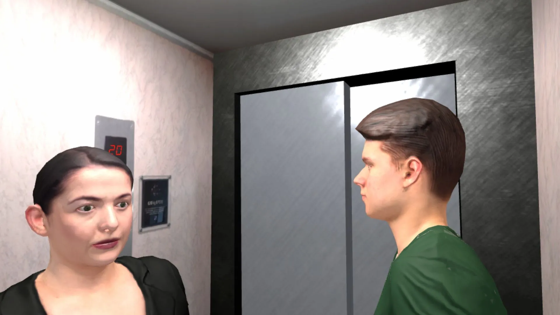 Zwei Personen in einem engen Aufzug in Virtual Reality