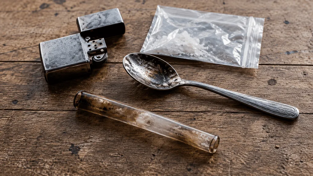 Glass tube, spoon, lighter and bag of white crystals on a wooden table