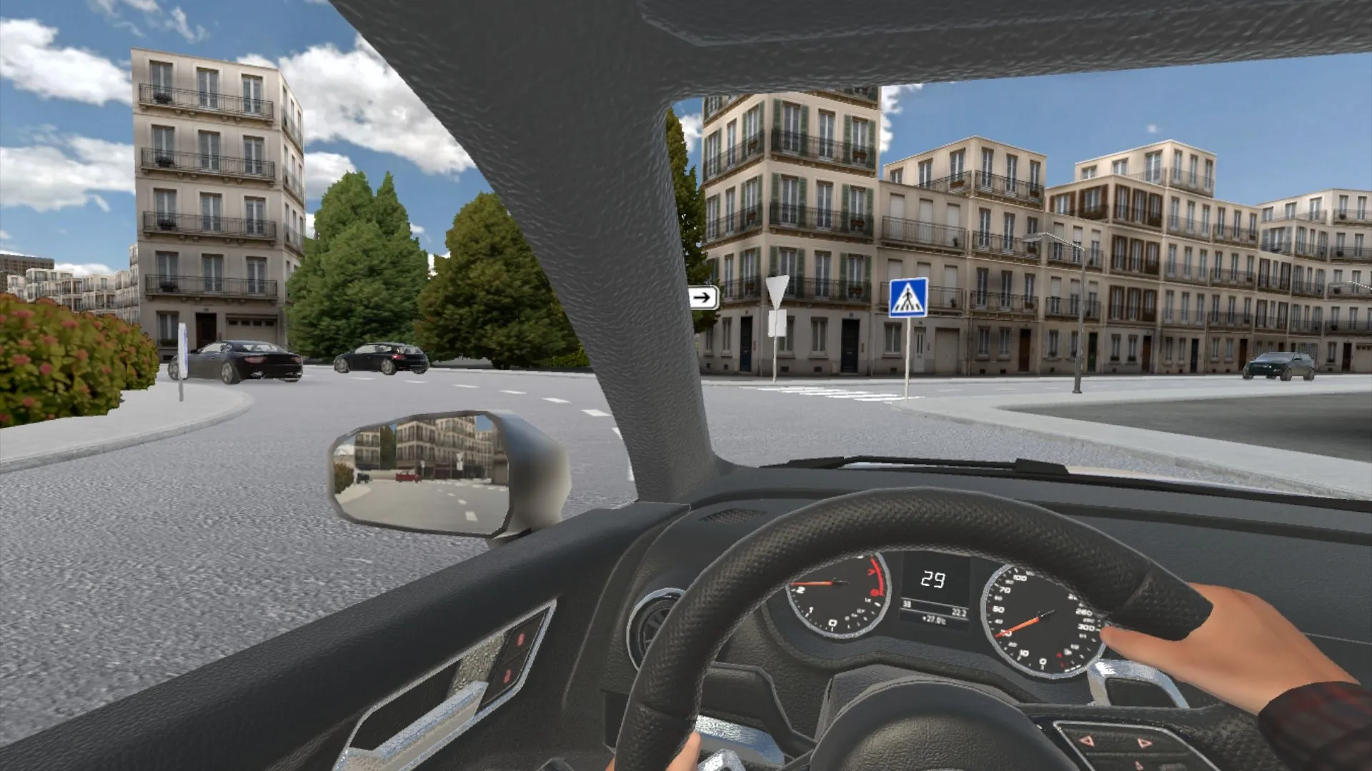 Vue au volant à l’approche d’un rond-point urbain