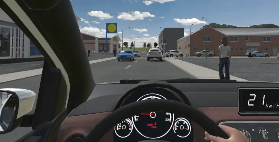 Vue au volant dans une rue avec des piétons imprévisibles