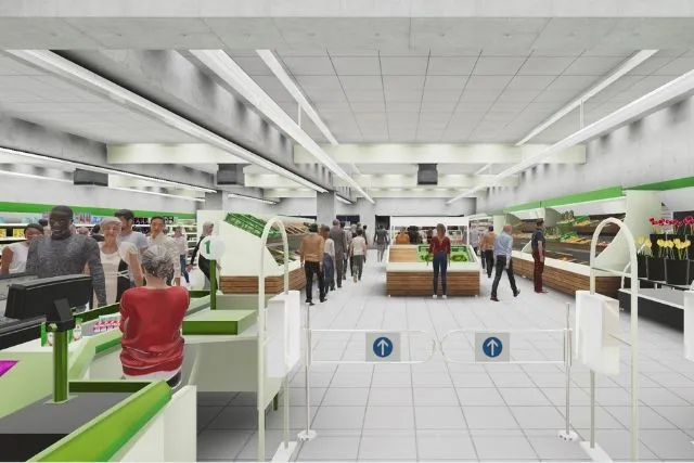 Supermarché très fréquenté vu depuis l’entrée