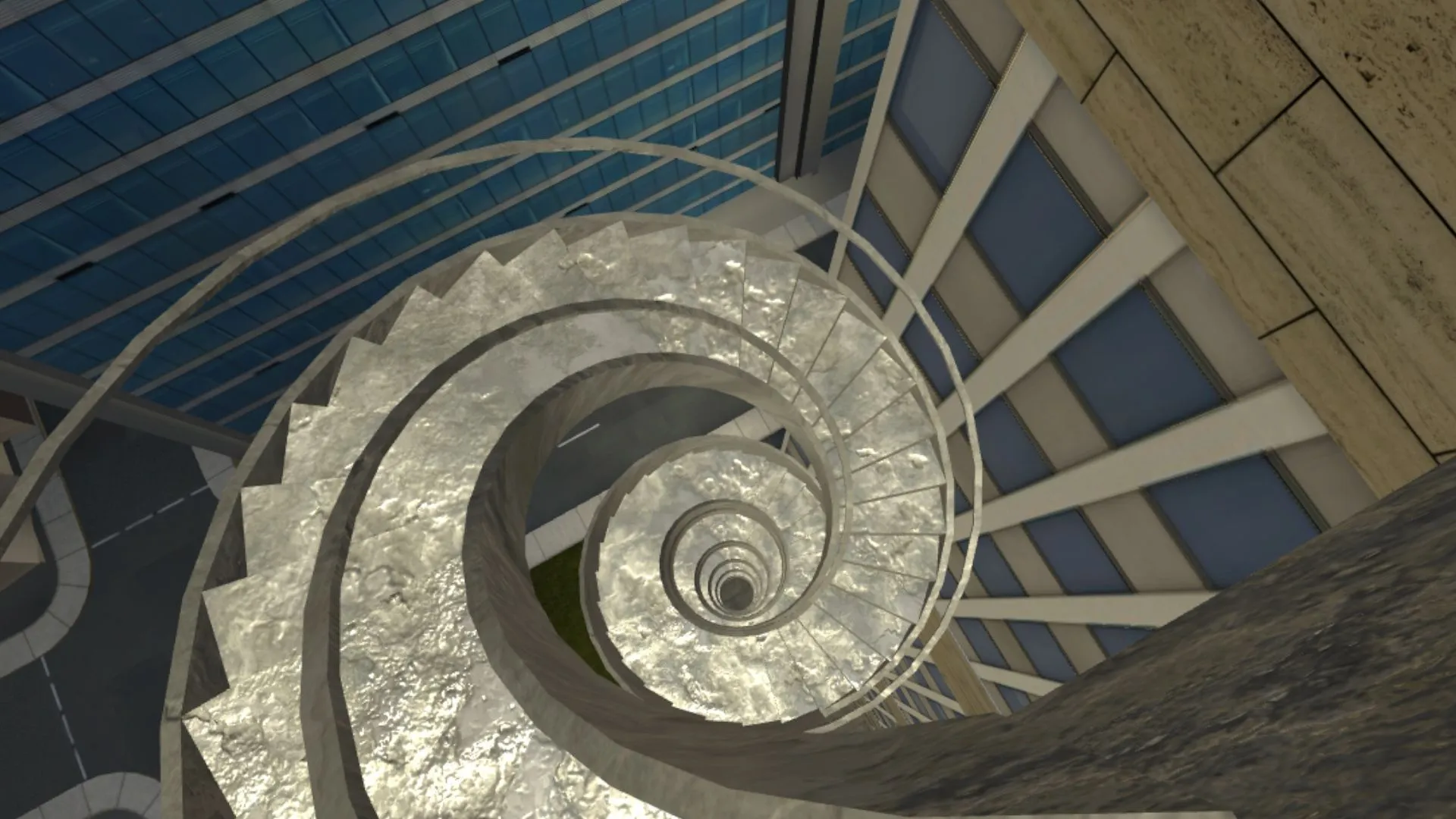 Escalera de caracol exterior entre edificios