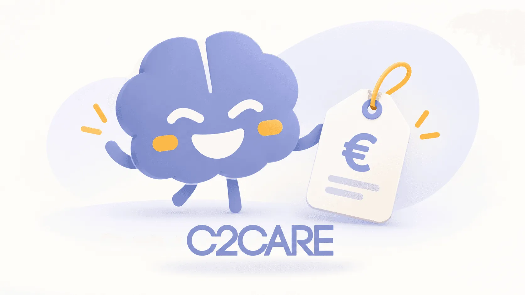 Lächelndes C2Care-Maskottchen mit einem Preisschild mit Eurozeichen
