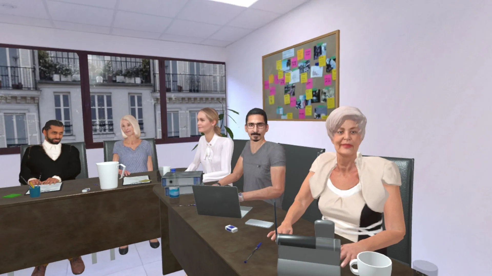 Participantes distraídos alrededor de una mesa de reunión