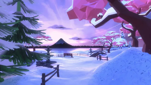 Ruhige Winterlandschaft mit rosa Bäumen und dem Fuji