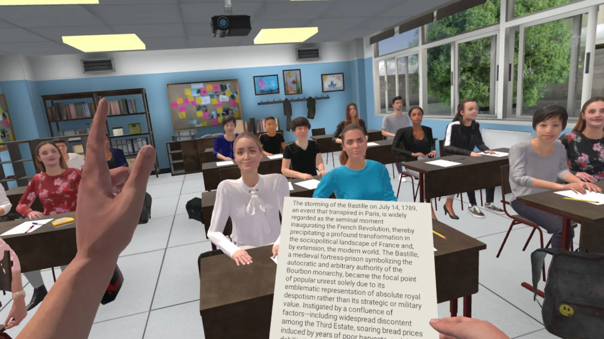Schüler liest vor der Klasse einen Text von der Tafel