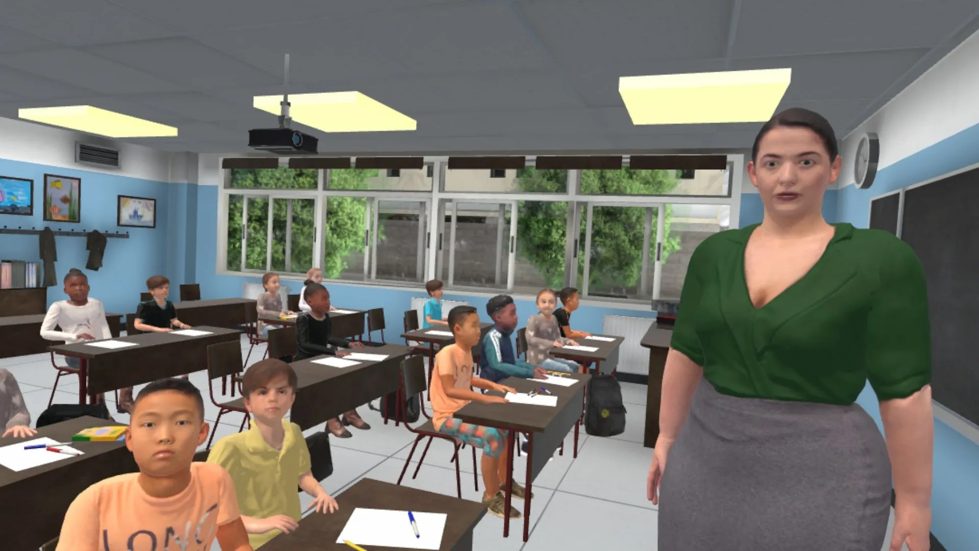 Lehrerin steht vor einem vollen Klassenzimmer