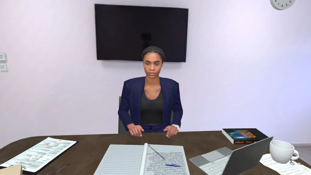 Mujer sentada frente al usuario en una simulación virtual