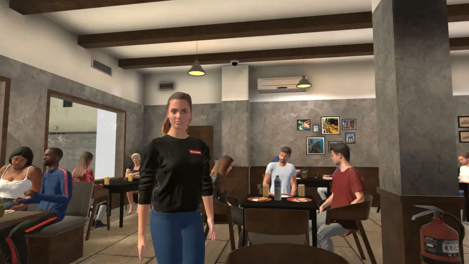 Person betritt ein belebtes Café in Virtual Reality