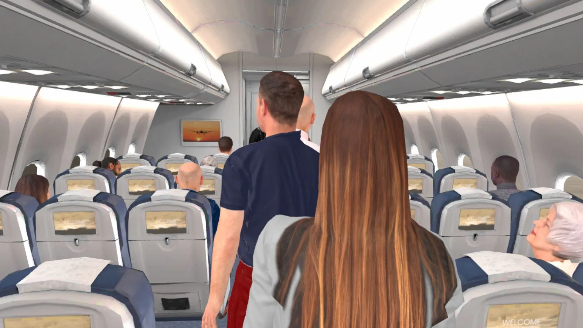 Pasajeros de pie en el pasillo de un avión después del vuelo
