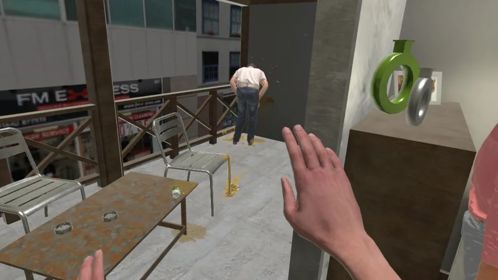 Vómito sobre mesas en un espacio público virtual