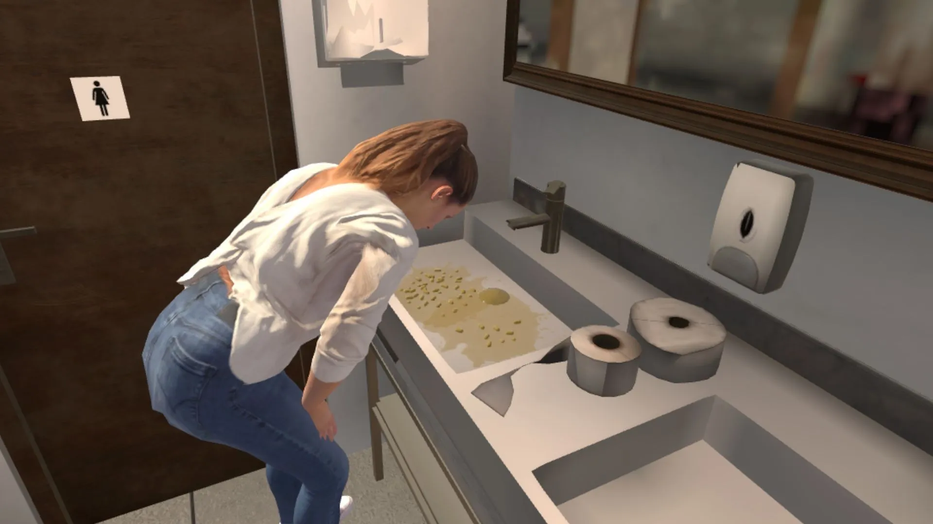 Persona con náuseas inclinada sobre un lavabo de restaurante