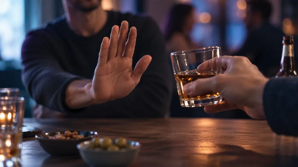 Una persona rechaza una bebida alcohólica en un bar