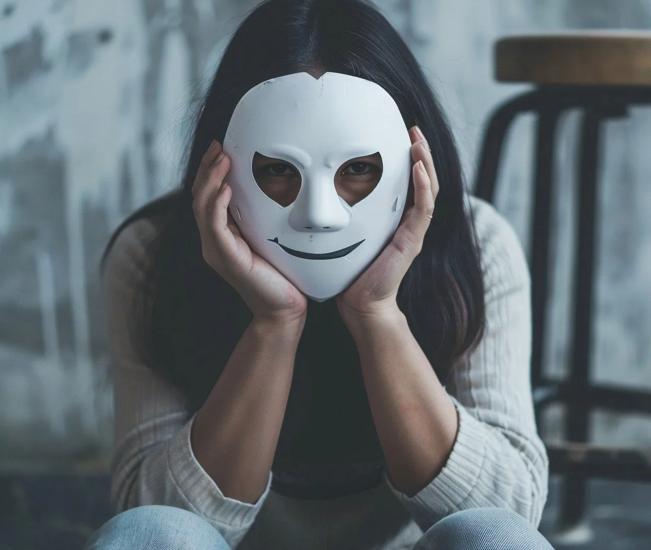 Eine junge Frau hält eine weiße Maske vor ihr Gesicht