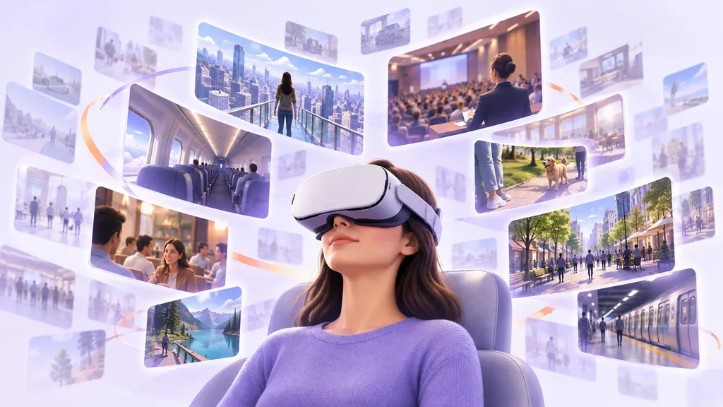 Illustration einer Frau mit einem Virtual-Reality-Headset, umgeben von Alltagsszenen und Landschaften