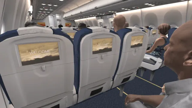 Passagiere sitzen in einer virtuellen Flugzeugkabine