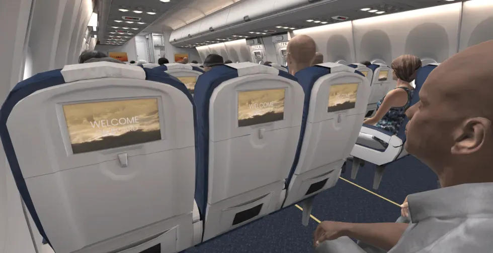 Passagers assis dans une cabine d’avion en réalité virtuelle
