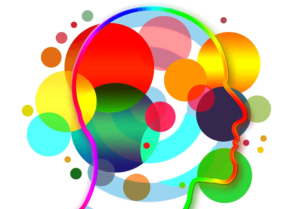 Human profile silhouettes surrounded by colorful bubbles