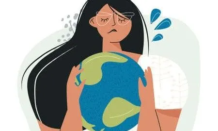 Illustration einer ängstlichen Frau, die die Erde umarmt