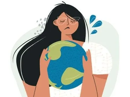Illustration einer ängstlichen Frau, die die Erde umarmt