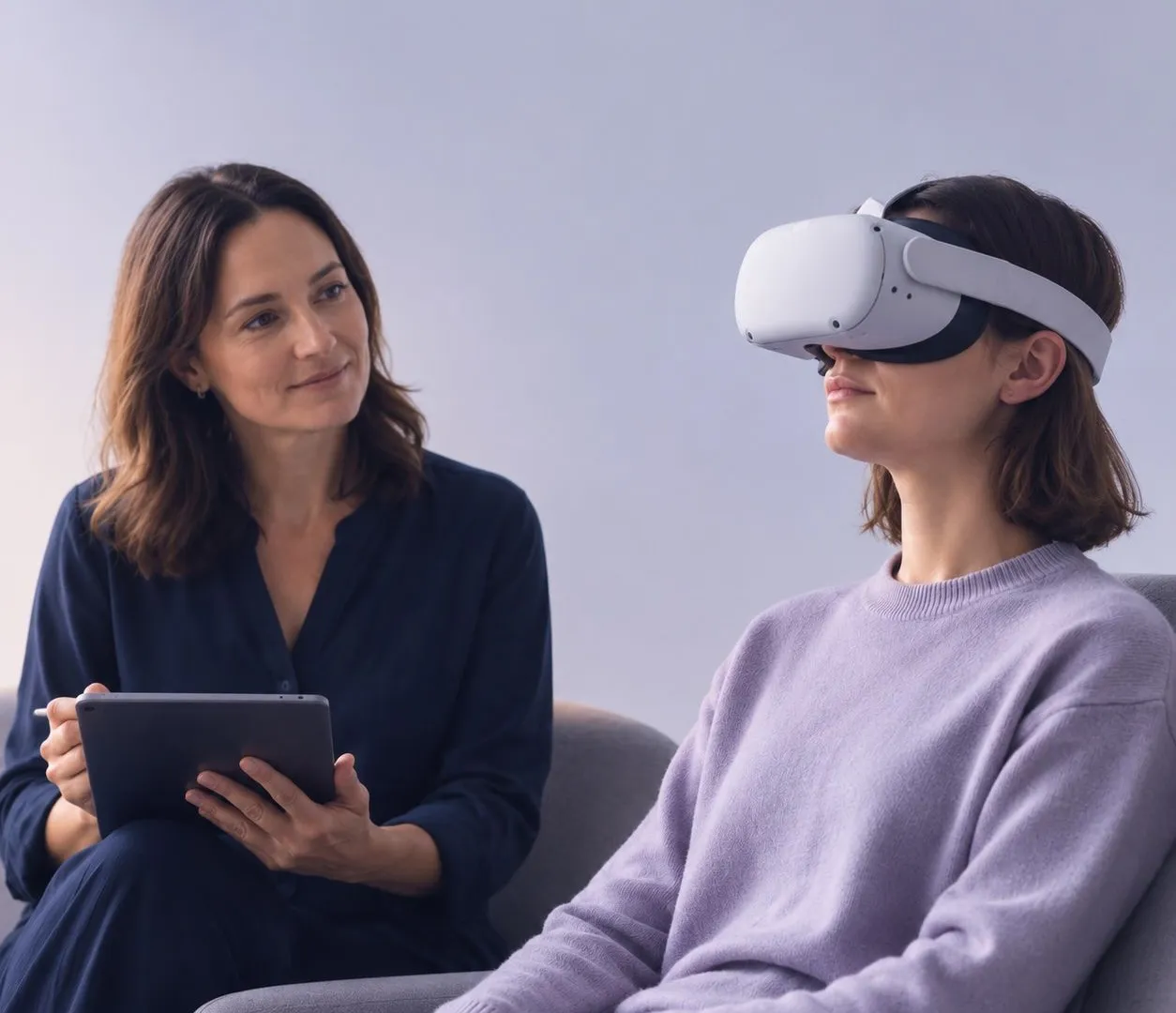 Therapist assisting a patient wearing a virtual reality headset