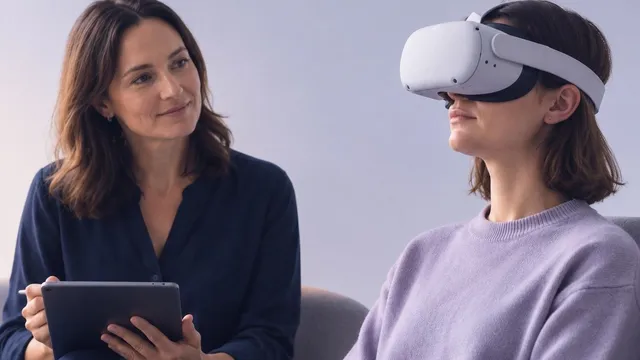 Therapeutin begleitet eine Patientin mit Virtual-Reality-Headset