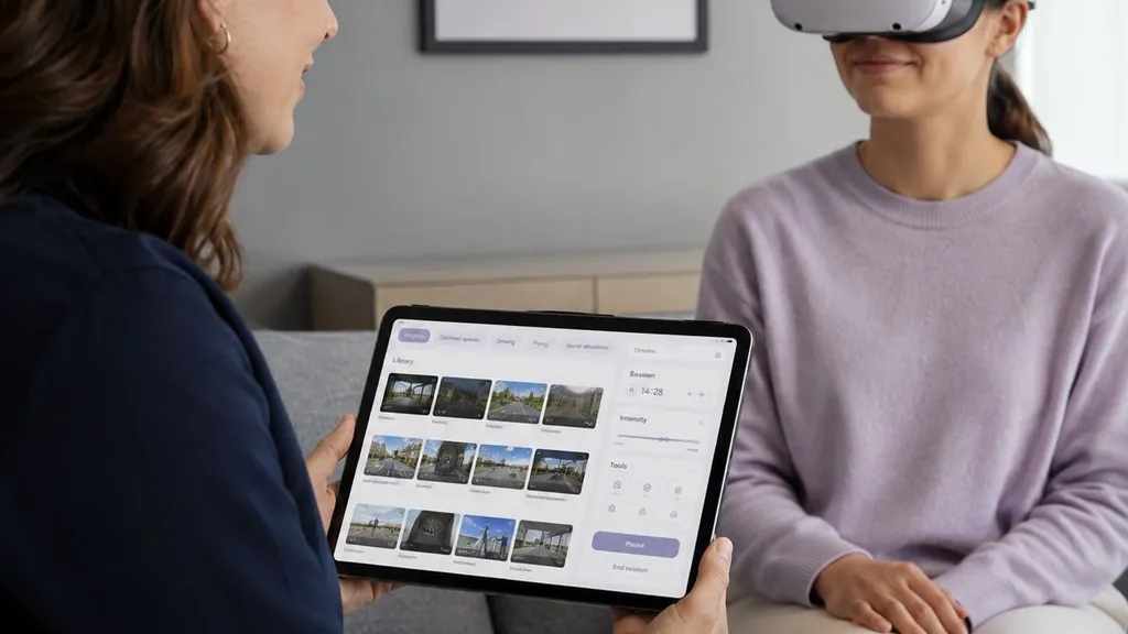 Therapeutin steuert die Virtual-Reality-Sitzung einer Patientin