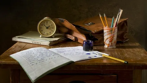 School desk with a notebook, quill and vintage supplies