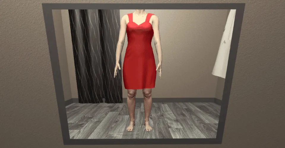 Silhouette d’une femme en robe rouge reflétée dans un miroir
