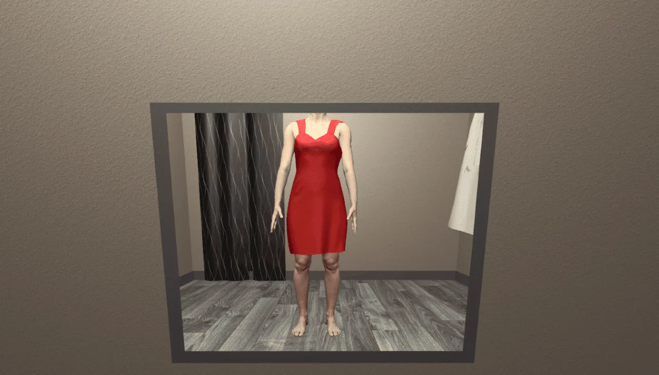 Silhouette of a woman in a red dress reflected in a mirror