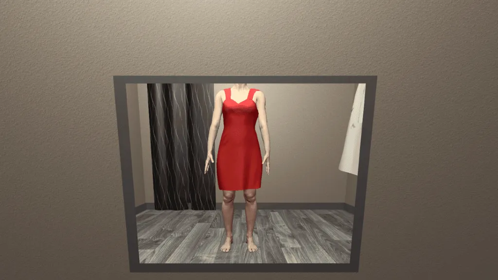 Silhouette einer Frau im roten Kleid in einem Spiegel