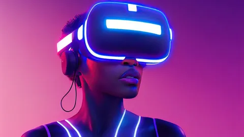 Futuristisches Porträt einer Frau mit leuchtendem Virtual-Reality-Headset