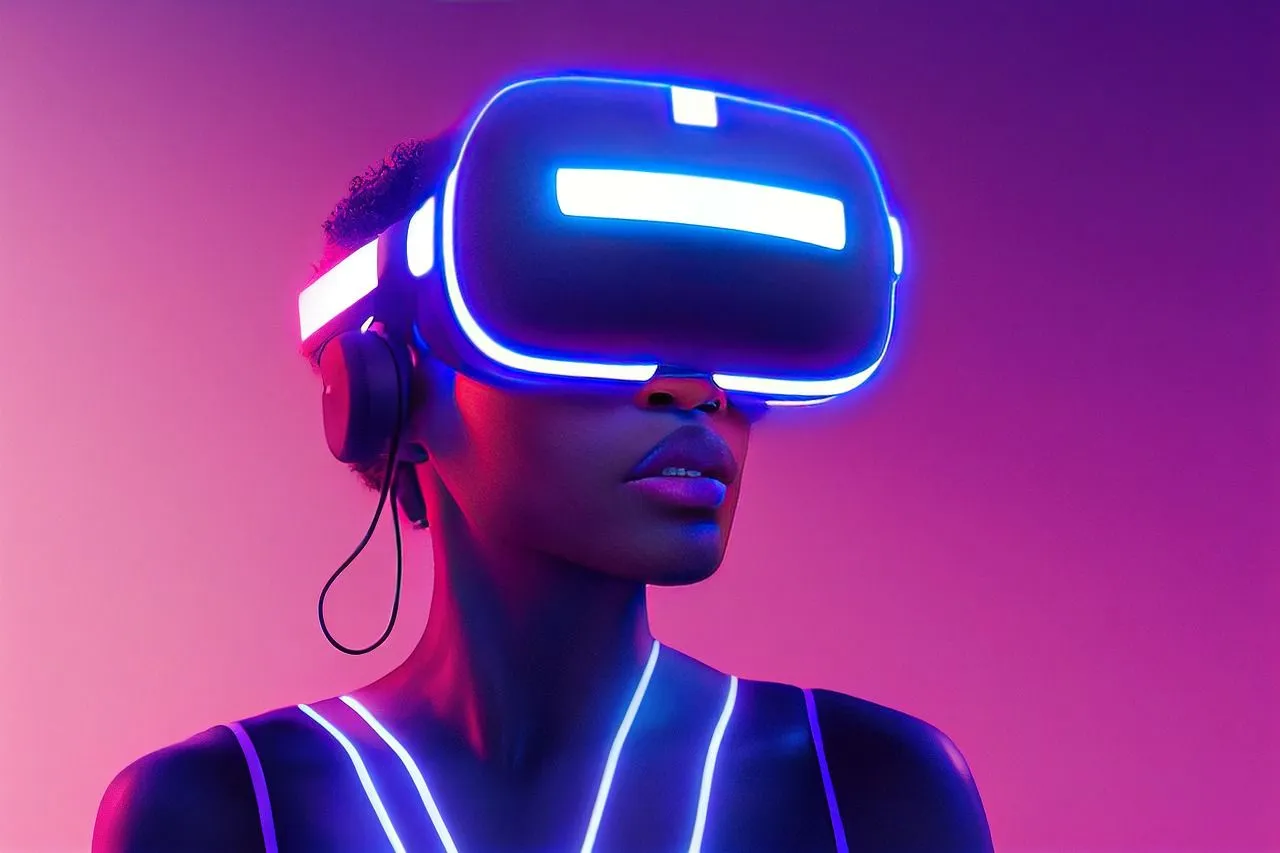 Retrato futurista de una mujer con un casco de realidad virtual luminoso