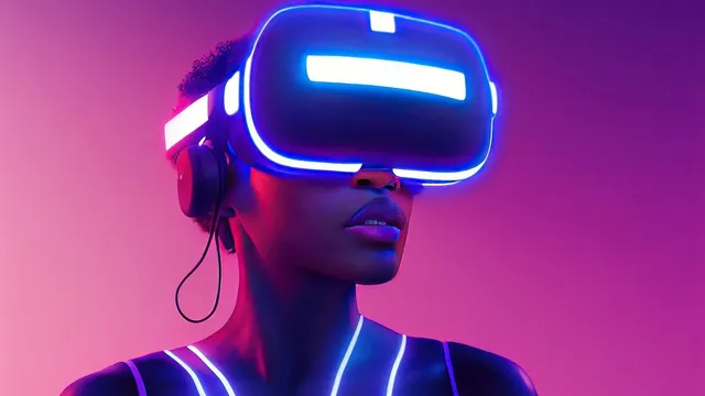 Futuristisches Porträt einer Frau mit leuchtendem Virtual-Reality-Headset